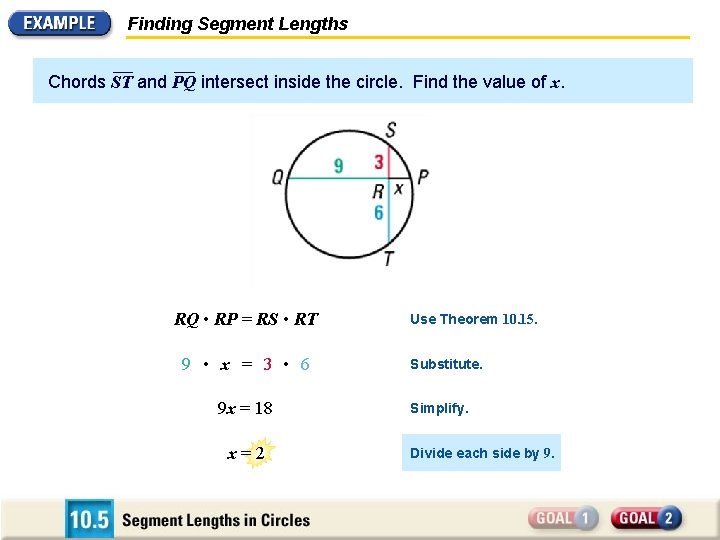 Finding Segment Lengths Chords ST and PQ intersect inside the circle. Find the value
