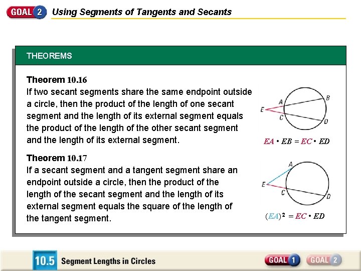 Using Segments of Tangents and Secants THEOREMS Theorem 10. 16 If two secant segments