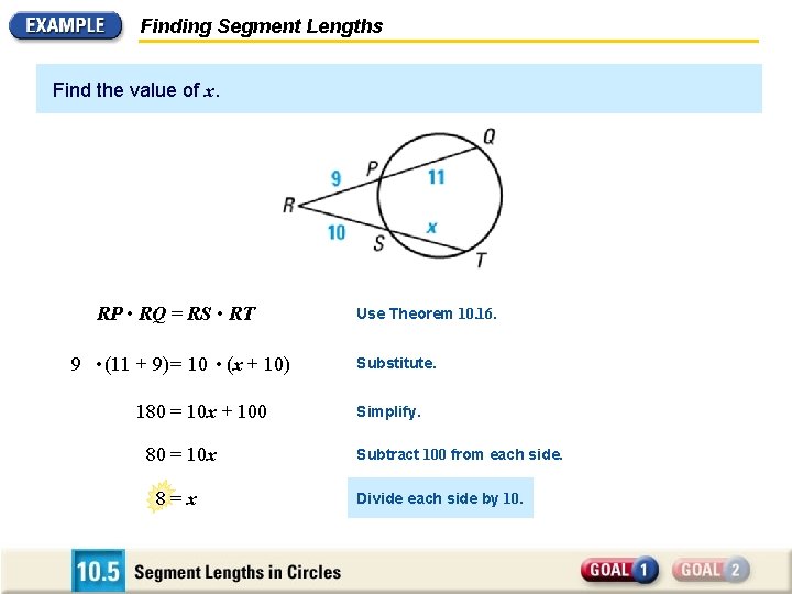 Finding Segment Lengths Find the value of x. RP • RQ = RS •