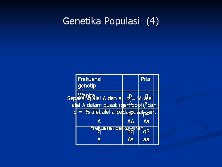 Genetika Populasi (4) Frekuensi genotip Pria Wanita p q Sepasang alel A dan a,