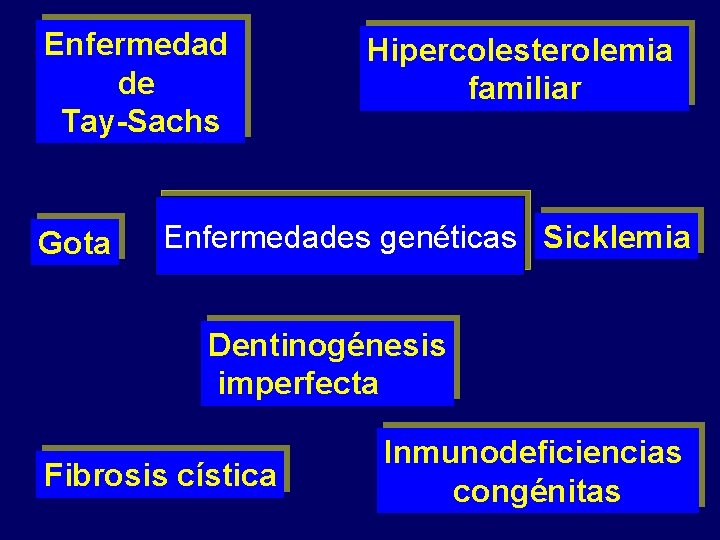 Enfermedad de Tay-Sachs Gota Hipercolesterolemia familiar Enfermedades genéticas Sicklemia Dentinogénesis imperfecta Fibrosis cística Inmunodeficiencias