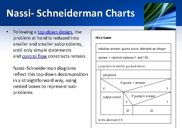 Nassi- Schneiderman Charts • Following a top-down design, the problem at hand is reduced