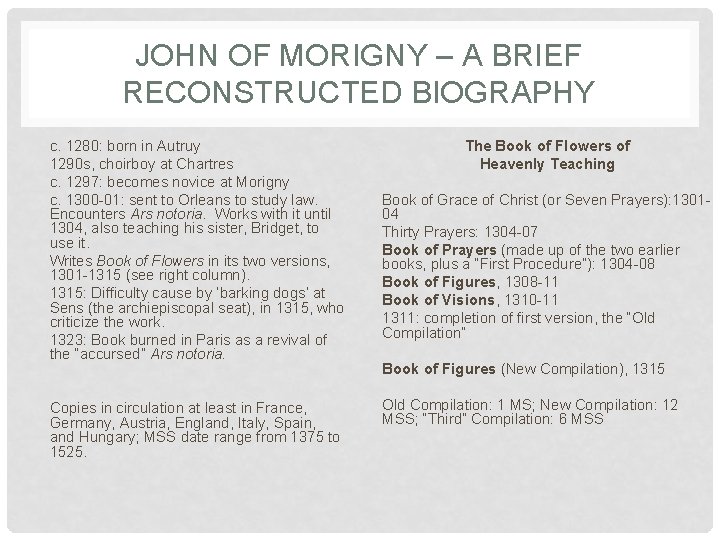 JOHN OF MORIGNY – A BRIEF RECONSTRUCTED BIOGRAPHY c. 1280: born in Autruy 1290 JOHN OF MORIGNY – A BRIEF RECONSTRUCTED BIOGRAPHY c. 1280: born in Autruy 1290