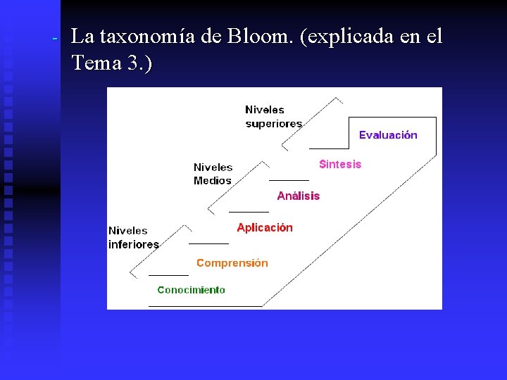 - La taxonomía de Bloom. (explicada en el Tema 3. ) 