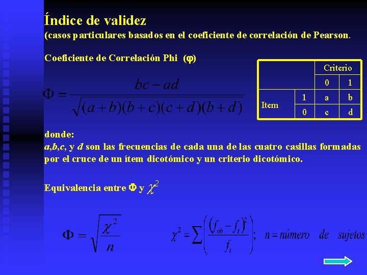 Índice de validez (casos particulares basados en el coeficiente de correlación de Pearson. Coeficiente