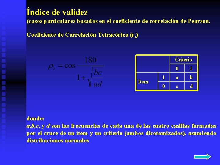 Índice de validez (casos particulares basados en el coeficiente de correlación de Pearson. Coeficiente