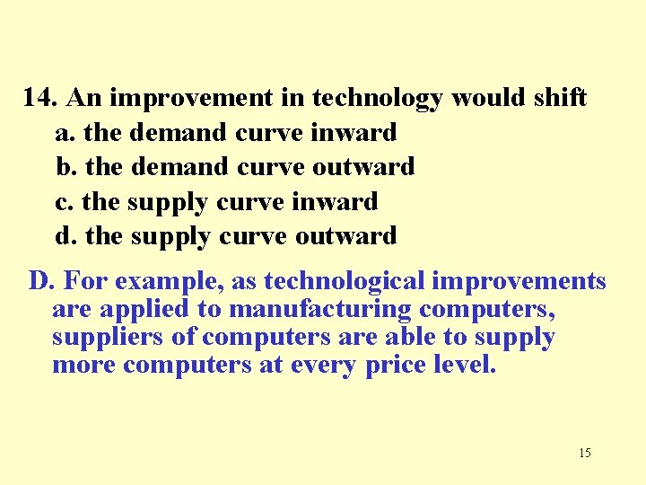 14. An improvement in technology would shift a. the demand curve inward b. the