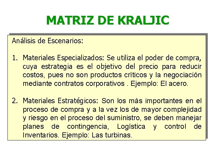 MATRIZ DE KRALJIC Análisis de Escenarios: 1. Materiales Especializados: Se utiliza el poder de MATRIZ DE KRALJIC Análisis de Escenarios: 1. Materiales Especializados: Se utiliza el poder de