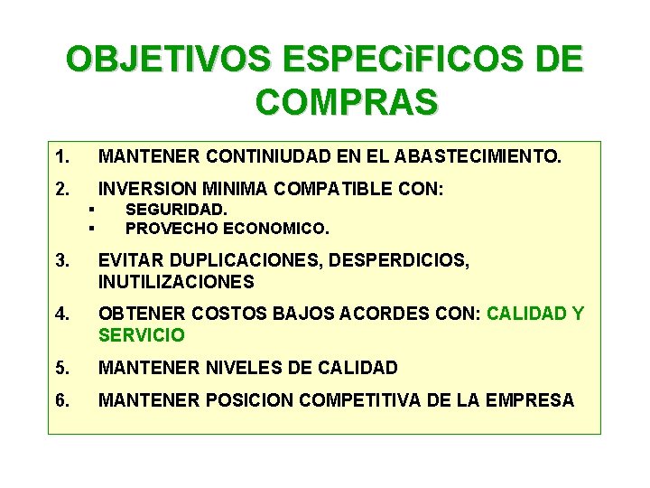 OBJETIVOS ESPECìFICOS DE COMPRAS 1. MANTENER CONTINIUDAD EN EL ABASTECIMIENTO. 2. INVERSION MINIMA COMPATIBLE OBJETIVOS ESPECìFICOS DE COMPRAS 1. MANTENER CONTINIUDAD EN EL ABASTECIMIENTO. 2. INVERSION MINIMA COMPATIBLE