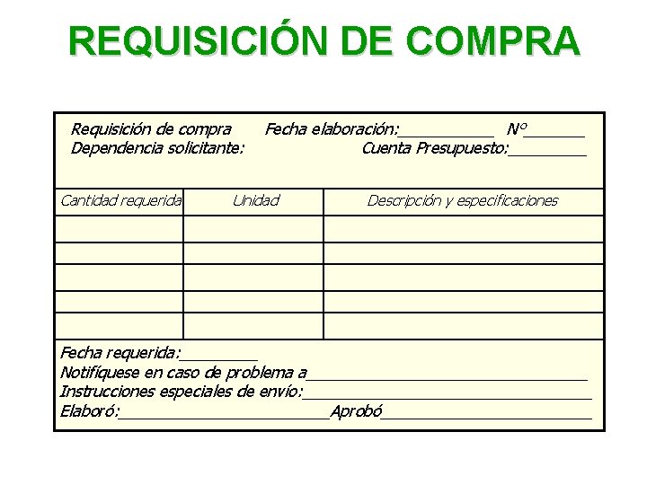 REQUISICIÓN DE COMPRA Requisición de compra Dependencia solicitante: Cantidad requerida Fecha elaboración: ______ N°_______ REQUISICIÓN DE COMPRA Requisición de compra Dependencia solicitante: Cantidad requerida Fecha elaboración: ______ N°_______