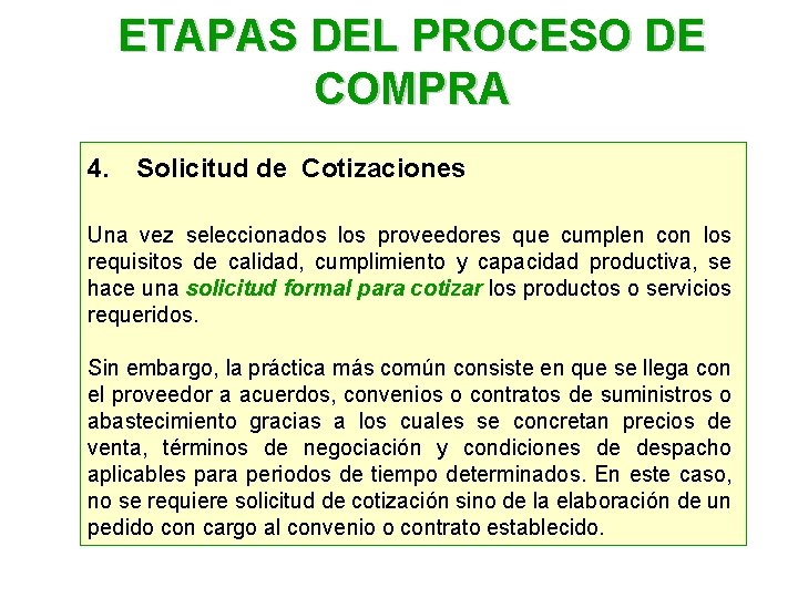 ETAPAS DEL PROCESO DE COMPRA 4. Solicitud de Cotizaciones Una vez seleccionados los proveedores ETAPAS DEL PROCESO DE COMPRA 4. Solicitud de Cotizaciones Una vez seleccionados los proveedores