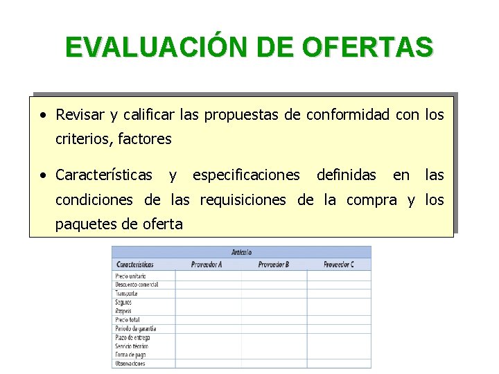 EVALUACIÓN DE OFERTAS • Revisar y calificar las propuestas de conformidad con los criterios, EVALUACIÓN DE OFERTAS • Revisar y calificar las propuestas de conformidad con los criterios,