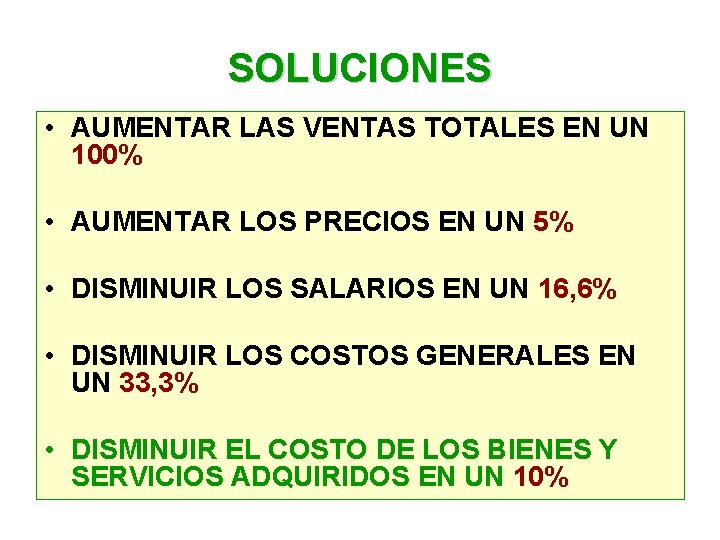 SOLUCIONES • AUMENTAR LAS VENTAS TOTALES EN UN 100% • AUMENTAR LOS PRECIOS EN SOLUCIONES • AUMENTAR LAS VENTAS TOTALES EN UN 100% • AUMENTAR LOS PRECIOS EN