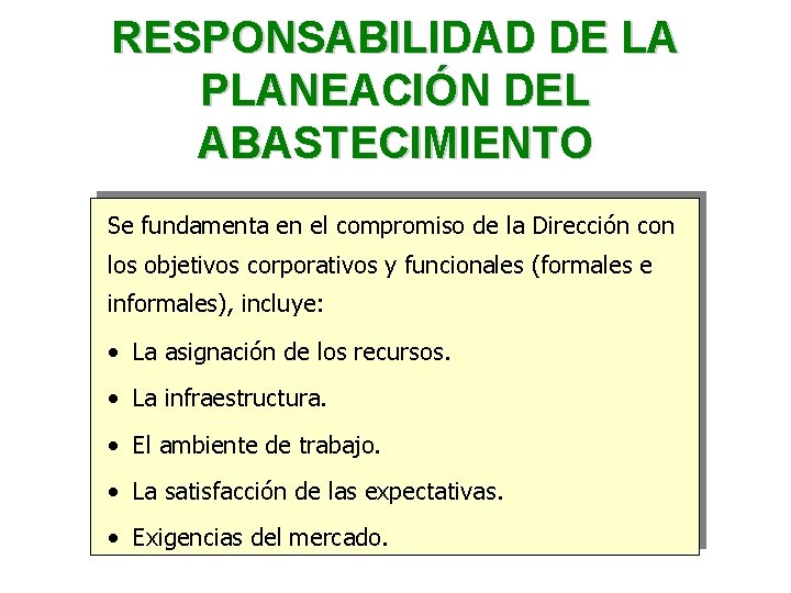 RESPONSABILIDAD DE LA PLANEACIÓN DEL ABASTECIMIENTO Se fundamenta en el compromiso de la Dirección RESPONSABILIDAD DE LA PLANEACIÓN DEL ABASTECIMIENTO Se fundamenta en el compromiso de la Dirección