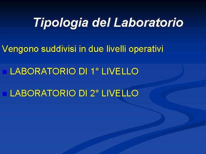 Tipologia del Laboratorio Vengono suddivisi in due livelli operativi n LABORATORIO DI 1° LIVELLO