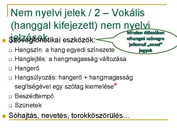 Nem nyelvi jelek / 2 – Vokális (hanggal kifejezett) nem nyelvi Minden élőszóban elhangzó