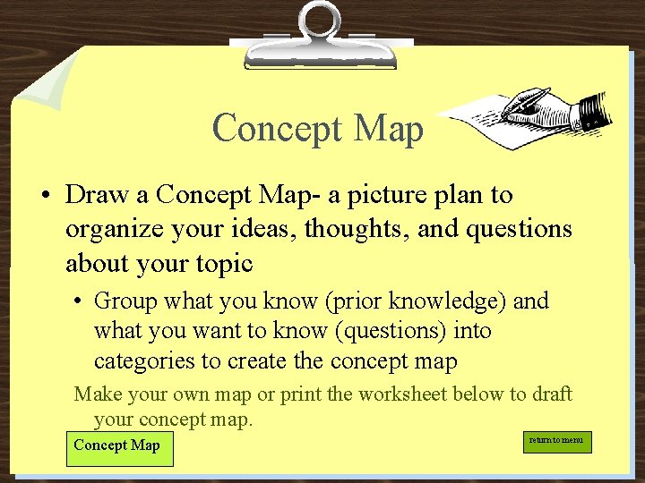Concept Map • Draw a Concept Map- a picture plan to organize your ideas,