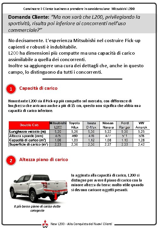 Convincere il Cliente business a prendere in considerazione Mitsubishi L 200 Domanda Cliente: “Ma