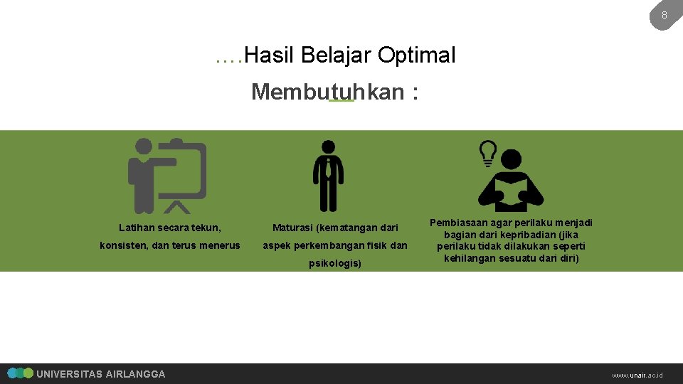 8 …. Hasil Belajar Optimal Membutuhkan : Latihan secara tekun, Maturasi (kematangan dari konsisten,