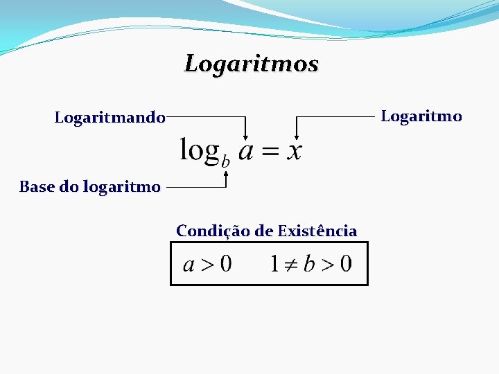 Logaritmos Logaritmo Logaritmando Base do logaritmo Condição de Existência 