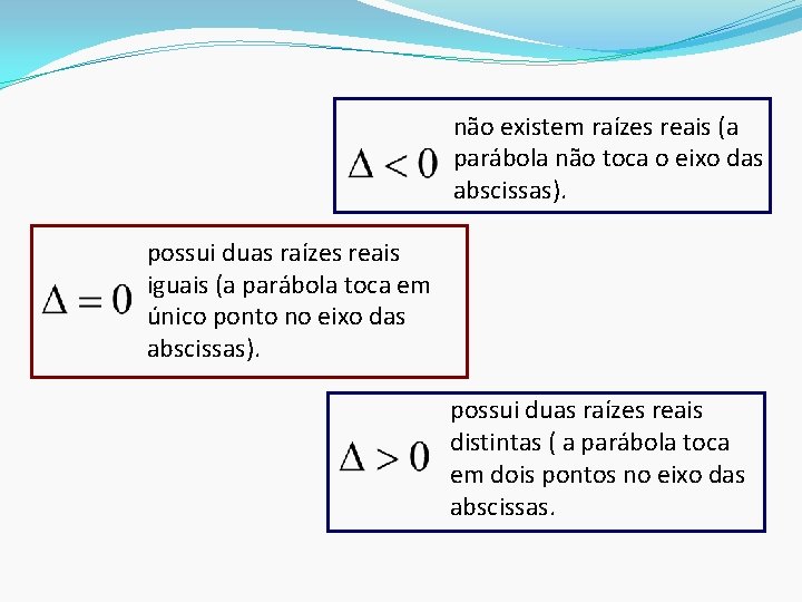 não existem raízes reais (a parábola não toca o eixo das abscissas). possui duas