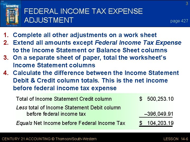 3 FEDERAL INCOME TAX EXPENSE ADJUSTMENT page 427 1. Complete all other adjustments on