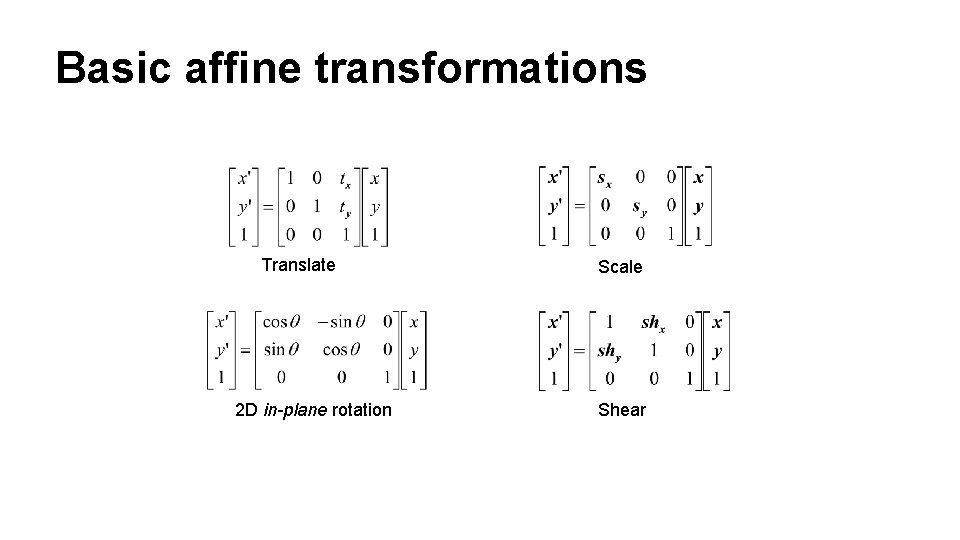 Basic affine transformations Translate 2 D in-plane rotation Scale Shear 