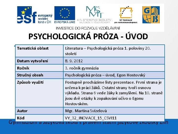 PSYCHOLOGICKÁ PRÓZA - ÚVOD Tematická oblast Literatura – Psychologická próza 1. poloviny 20. století