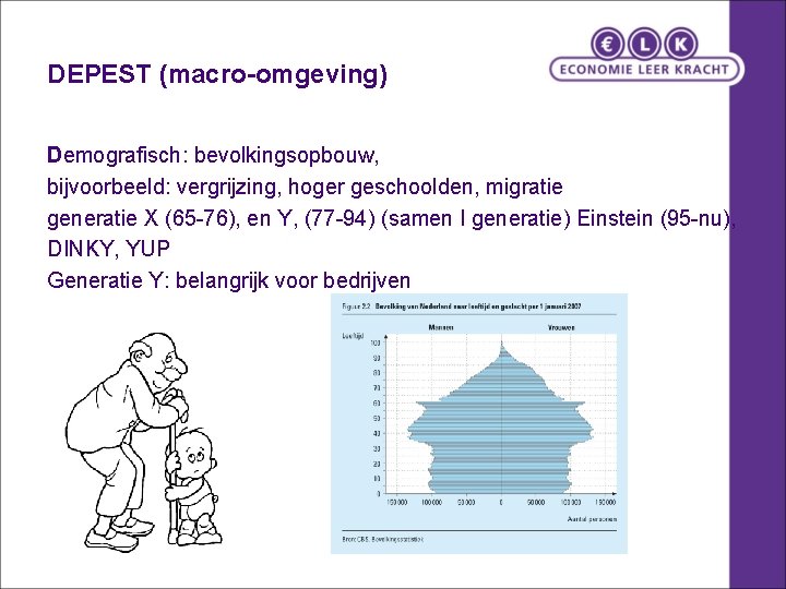 DEPEST (macro-omgeving) Demografisch: bevolkingsopbouw, bijvoorbeeld: vergrijzing, hoger geschoolden, migratie generatie X (65 -76), en