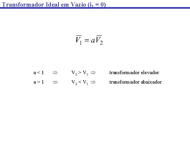 Transformador Ideal em Vazio (i 2 = 0) a<1 V 2 > V 1