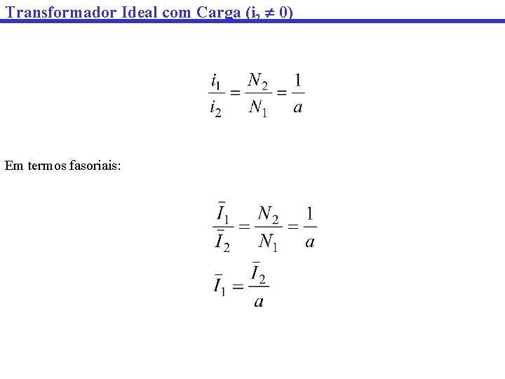 Transformador Ideal com Carga (i 2 0) Em termos fasoriais: 