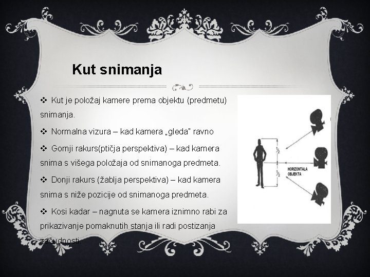 Kut snimanja v Kut je položaj kamere prema objektu (predmetu) snimanja. v Normalna vizura