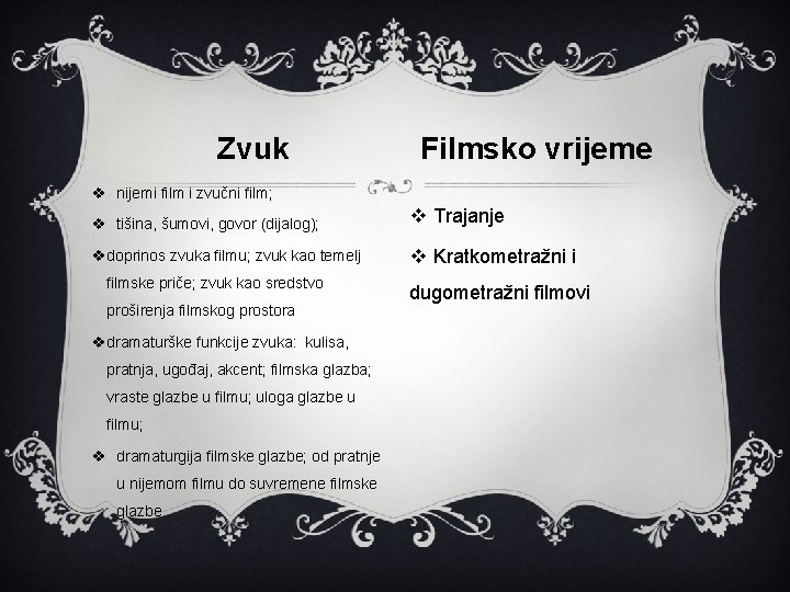 Zvuk Filmsko vrijeme v nijemi film i zvučni film; v tišina, šumovi, govor (dijalog);