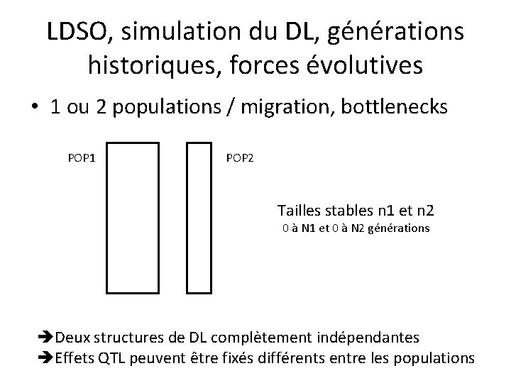 LDSO, simulation du DL, générations historiques, forces évolutives • 1 ou 2 populations /