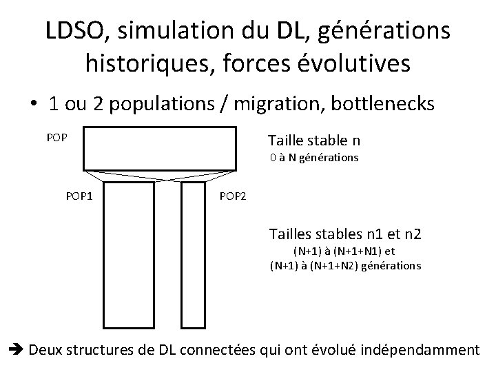 LDSO, simulation du DL, générations historiques, forces évolutives • 1 ou 2 populations /