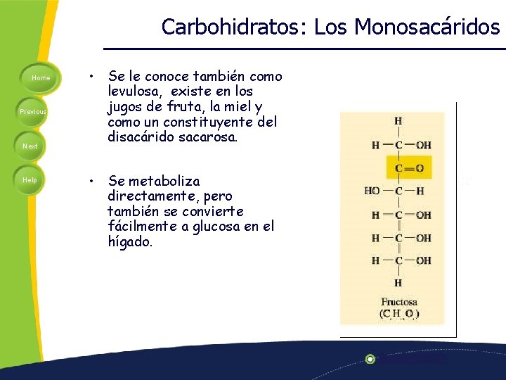 Carbohidratos: Los Monosacáridos Home Previous Next Help • Se le conoce también como levulosa,