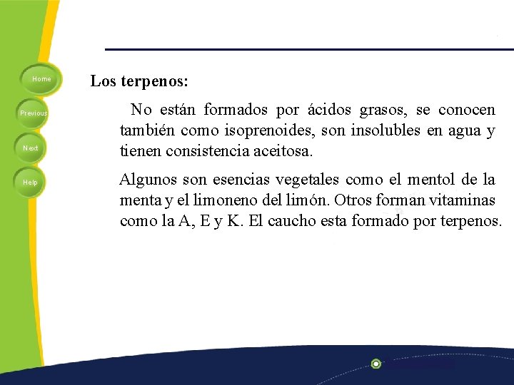 Home Previous Next Help Los terpenos: No están formados por ácidos grasos, se conocen