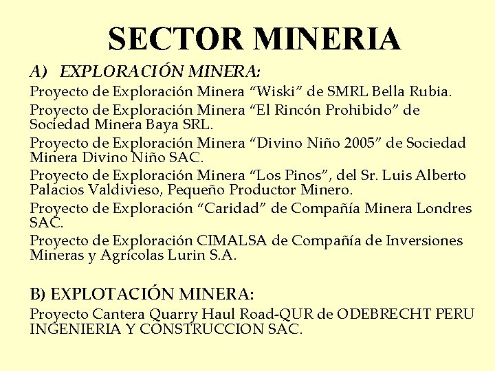 SECTOR MINERIA A) EXPLORACIÓN MINERA: Proyecto de Exploración Minera “Wiski” de SMRL Bella Rubia.