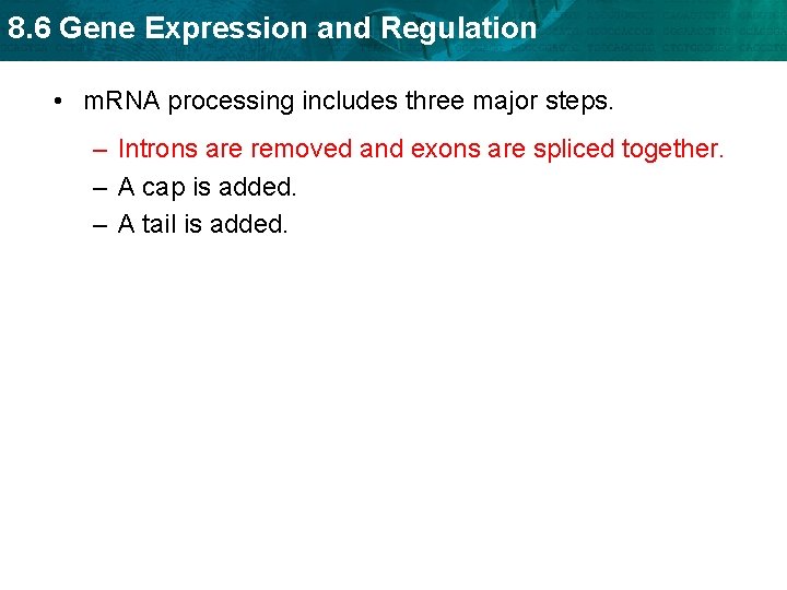 8. 6 Gene Expression and Regulation • m. RNA processing includes three major steps.