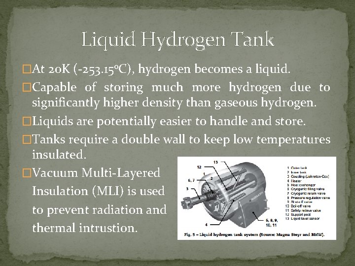 Liquid Hydrogen Tank �At 20 K (-253. 15 o. C), hydrogen becomes a liquid.