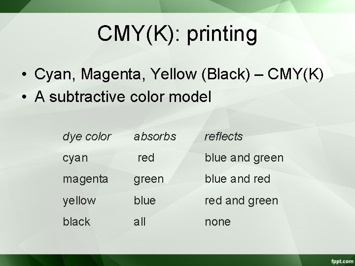 CMY(K): printing • Cyan, Magenta, Yellow (Black) – CMY(K) • A subtractive color model