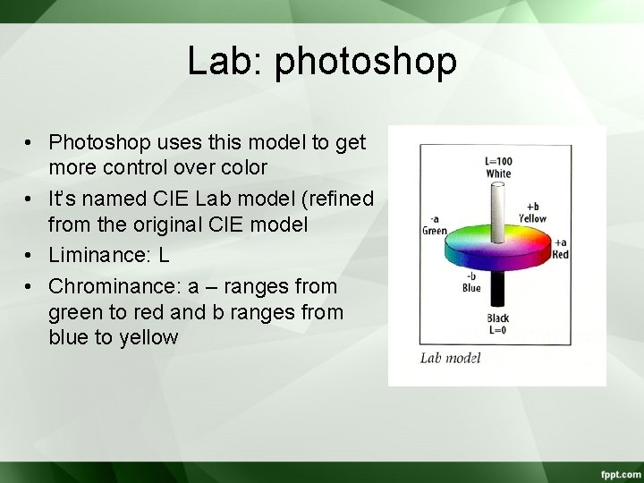 Lab: photoshop • Photoshop uses this model to get more control over color •