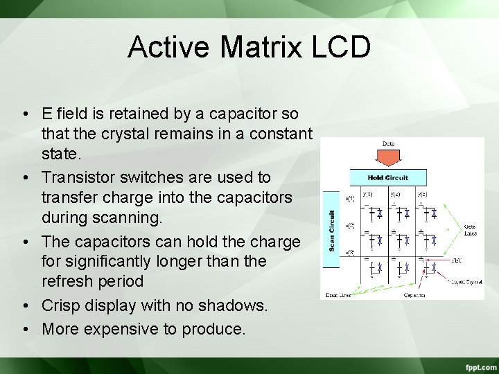 Active Matrix LCD • E field is retained by a capacitor so that the