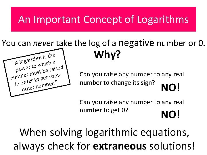 An Important Concept of Logarithms You can never take the log of a negative