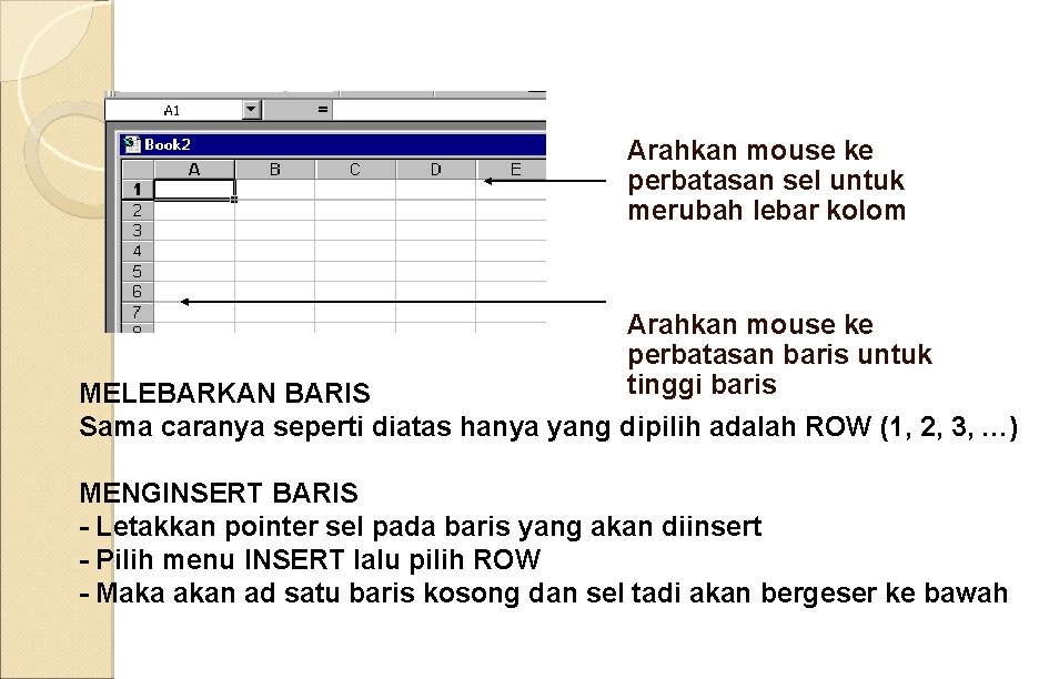 Arahkan mouse ke perbatasan sel untuk merubah lebar kolom Arahkan mouse ke perbatasan baris