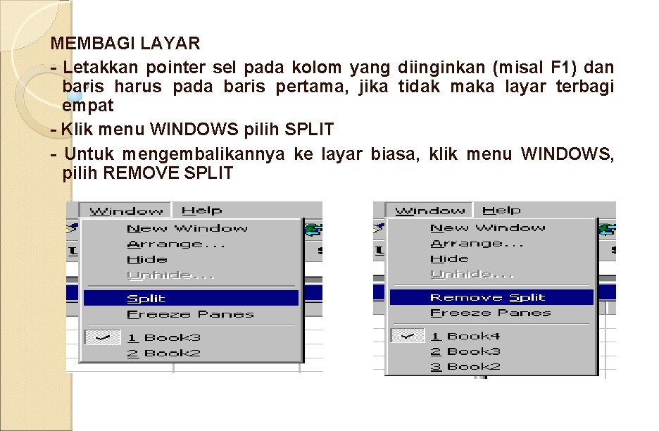 MEMBAGI LAYAR - Letakkan pointer sel pada kolom yang diinginkan (misal F 1) dan