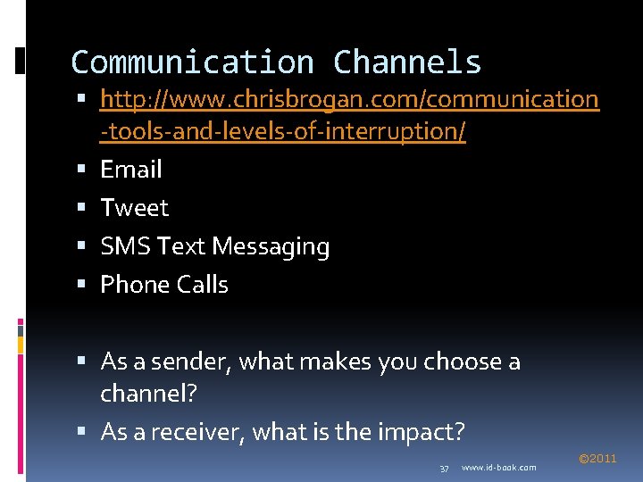 Communication Channels http: //www. chrisbrogan. com/communication -tools-and-levels-of-interruption/ Email Tweet SMS Text Messaging Phone Calls