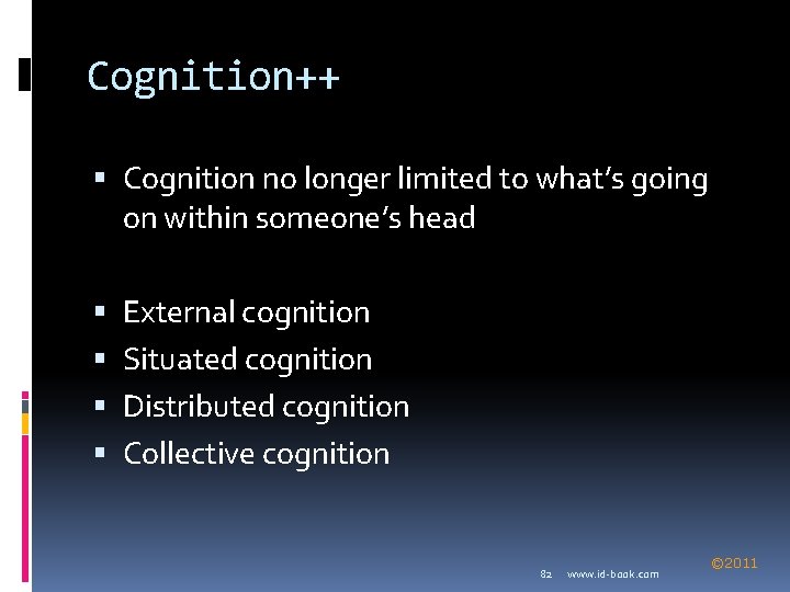 Cognition++ Cognition no longer limited to what’s going on within someone’s head External cognition