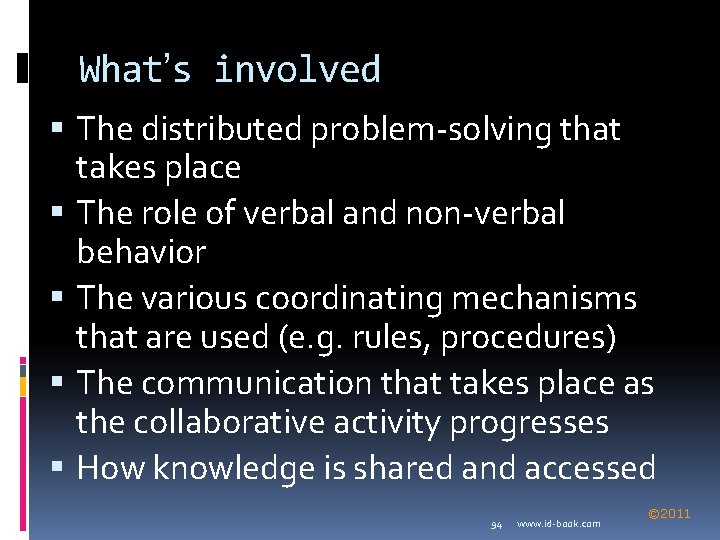 What’s involved The distributed problem-solving that takes place The role of verbal and non-verbal