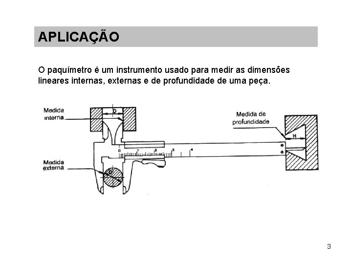 APLICAÇÃO O paquímetro é um instrumento usado para medir as dimensões lineares internas, externas